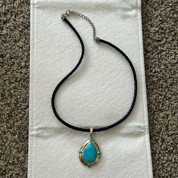 Carolyn Pollack Kingman Turquoise Leather and Sterling Necklace NEW - Picture 1 of 13